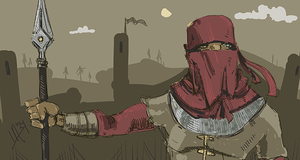 A hooded guard watching the gates of an arena